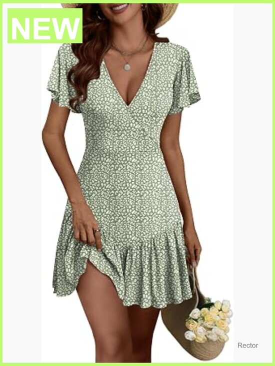 Dresses & Skirts - Slim Fit Wrap V-Neck Floral A-Line Mini Dress Short Sleeve Summer